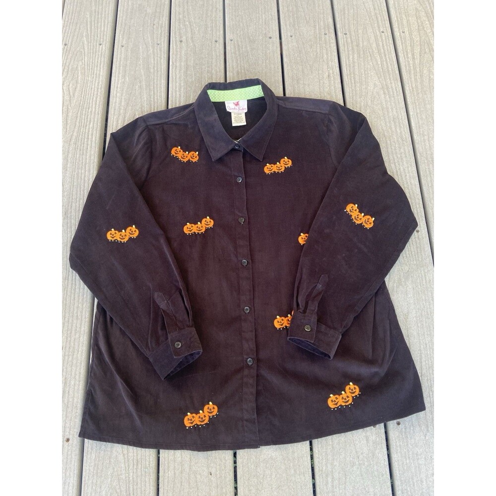 Vintage Quacker Factory Pumpkin Black Button Up Shirt Embroidered XL